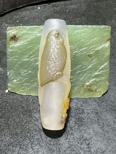 精美高玉化海洋玉髓手工俏色巧雕喜上眉梢大桶珠一个！ - 精美高玉化海洋玉髓手工俏色巧雕喜上眉梢大桶珠一个！
