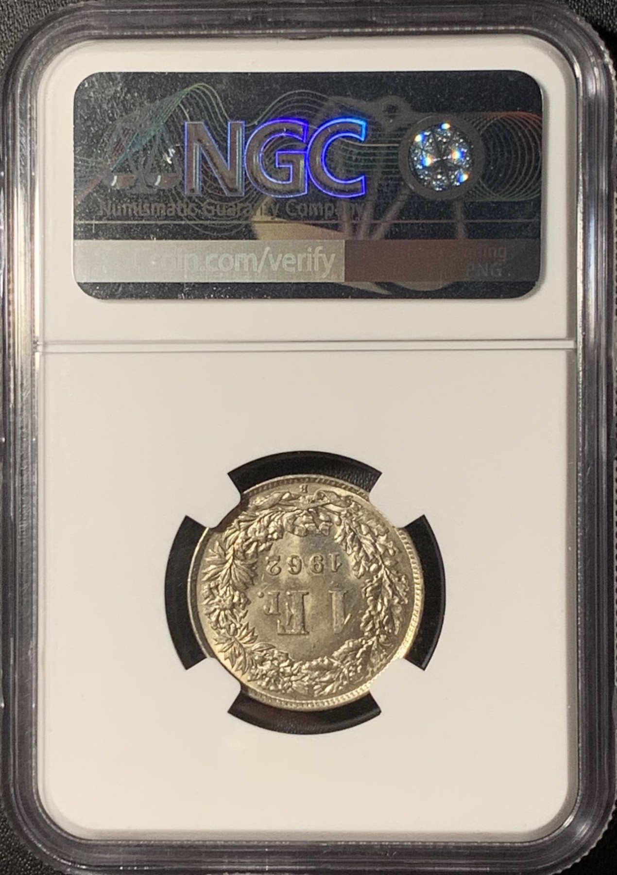 紫瑗钱币——第291期拍卖 瑞士 1962年 B版 赫尔维蒂亚 1法郎 银币 NGC MS63