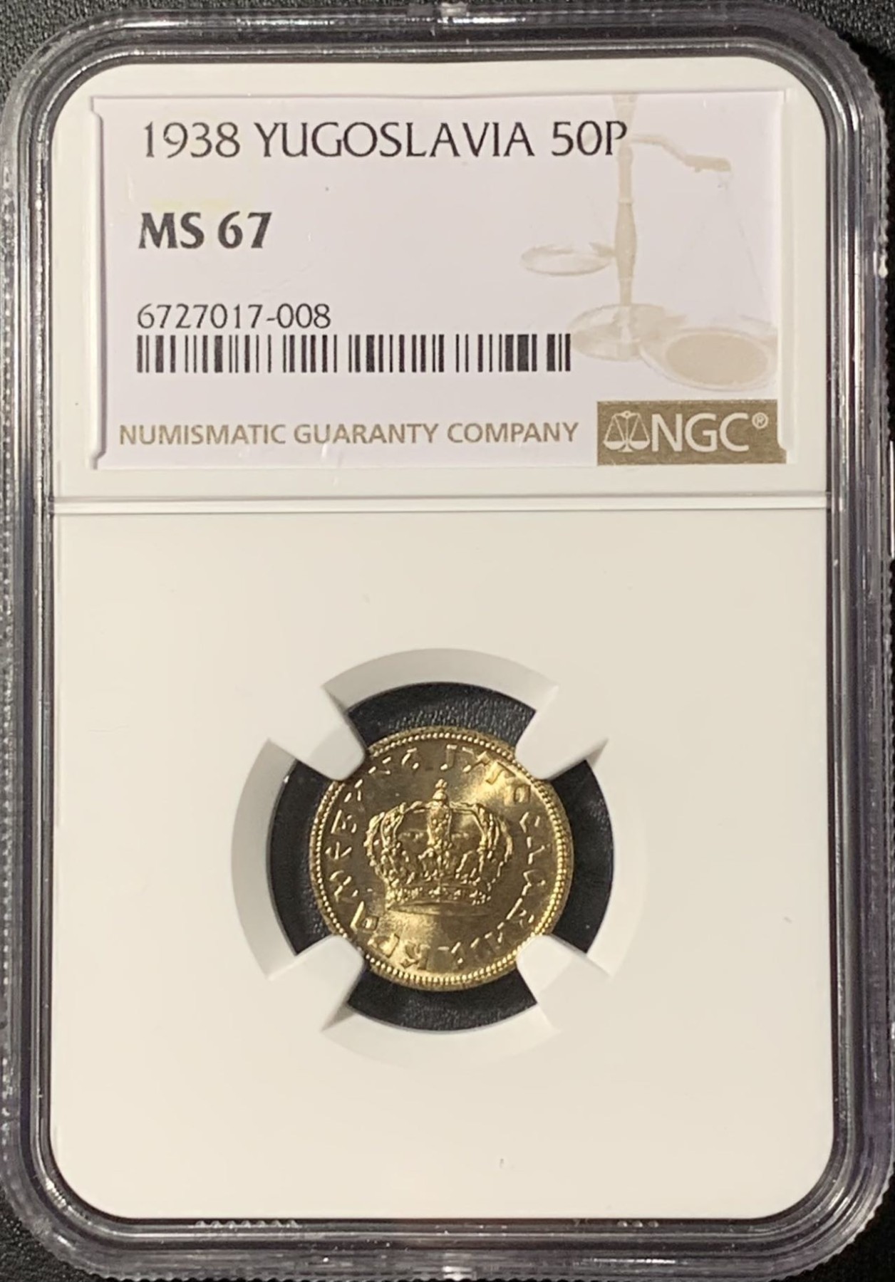 紫瑗钱币——第291期拍卖 南斯拉夫 1938年 王国时期 皇冠 50帕拉 铜币 NGC MS67