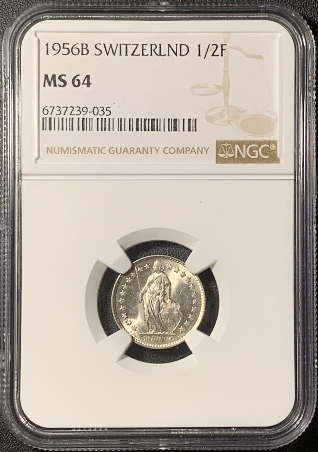 紫瑗钱币——第291期拍卖 瑞士 1956年 B版 赫尔维蒂亚 1/2法郎 银币 NGC MS64