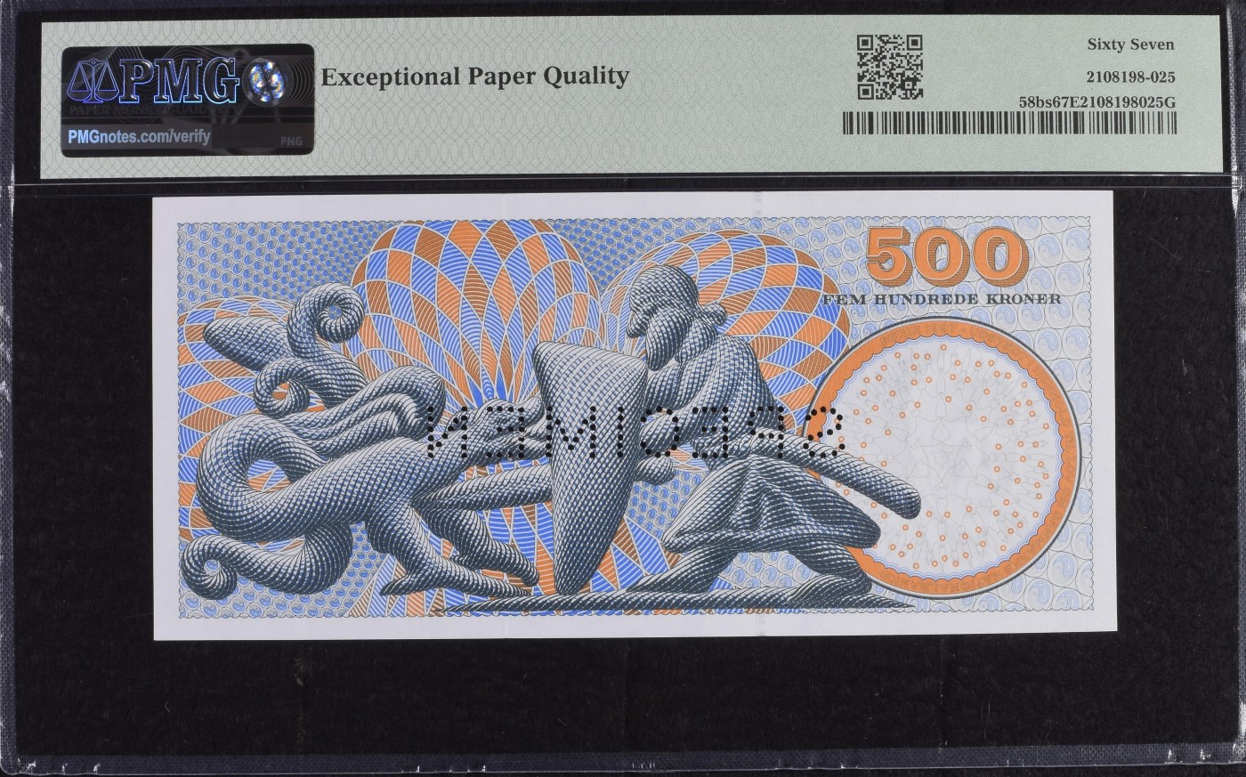 收藏联盟Quantum Auction 第275期拍卖  丹麦1997年500克朗样票 PMG67 物理学家的诺贝尔物理学奖得主 波尔