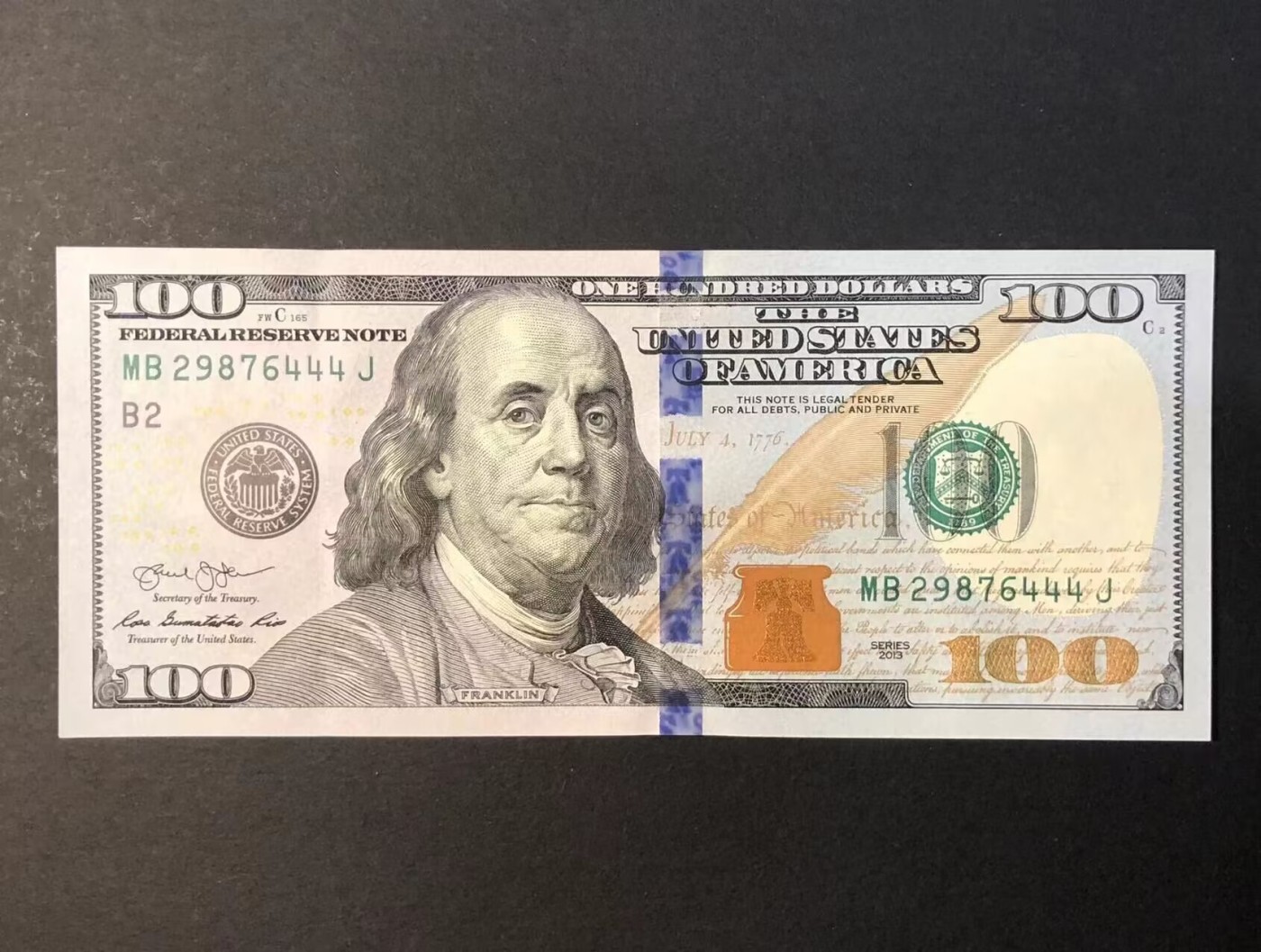 草稿银行第八期国内外钞票拍卖 美国 2013年 100美元 豹子号444 全新品相 无黄无折无斑