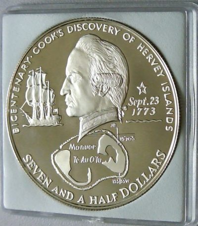 第15次拍卖--英联邦领土硬币、精制银币、纪念币，纸钞 - Cook Island 1973 7½ Dollars (200th Anniversary of the discovery of the Hervey islands) UNC Silver .925, 33.8gm, 42mm, 