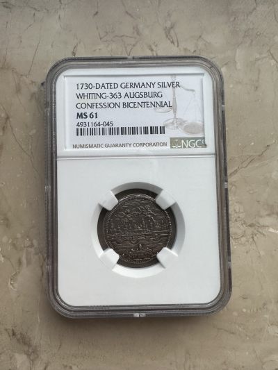 【礼羽收藏】🌏世界钱币拍卖第20期 - 德国1730年奥格斯堡200周年城市景观杜卡特银币 开造杜卡特金币的同模银币，主要是试模用  1730-DATED GERMANY WHITING-363 AUGSBURG CONFESSION BICENTENNIAL  SILVER