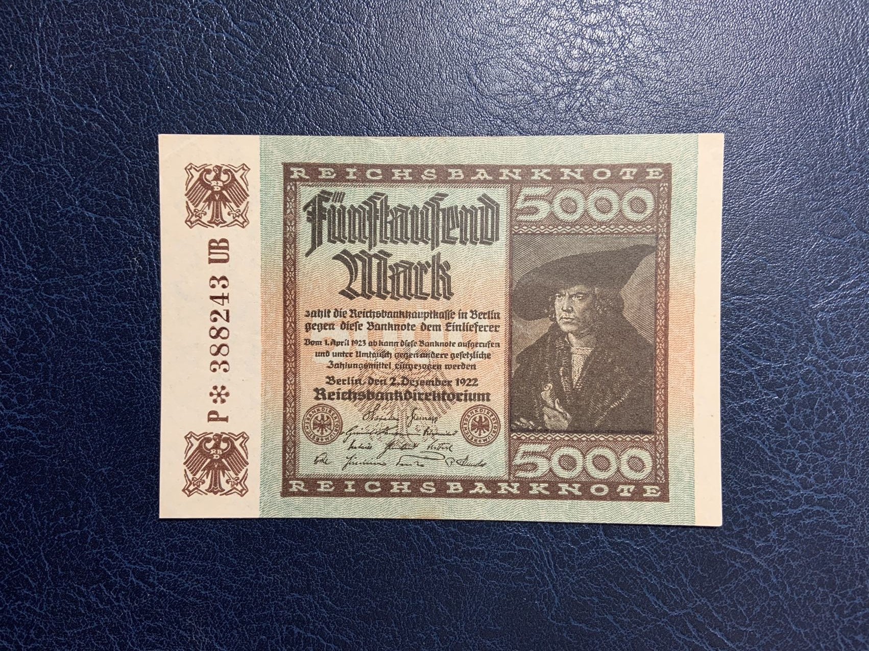 收藏联盟Quantum Auction 第276期拍卖  德国1922年5000马克 品相UNC- 少见补号