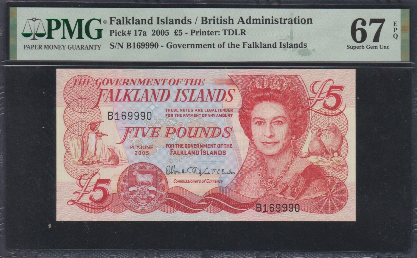 草稿银行第八期国内外钞票拍卖 福克兰群岛（马岛） 2005年 5镑 女王肖像 中豹子号999 号码全程无3457 倒置号 PMG 67