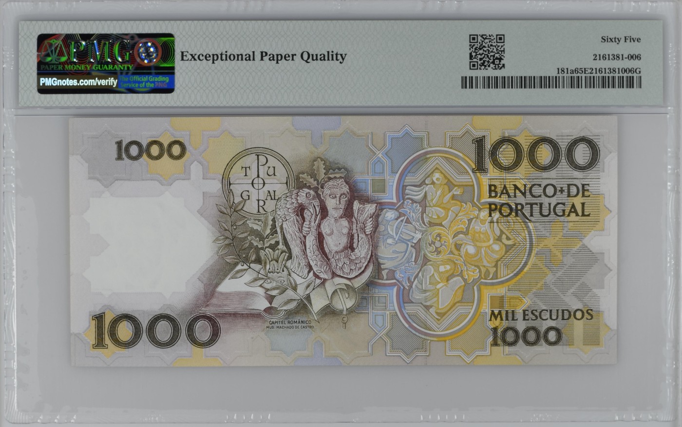 收藏联盟Quantum Auction 第276期拍卖  葡萄牙1983年1000埃斯库多 PMG65 初版 剧作家 政治家 布拉加