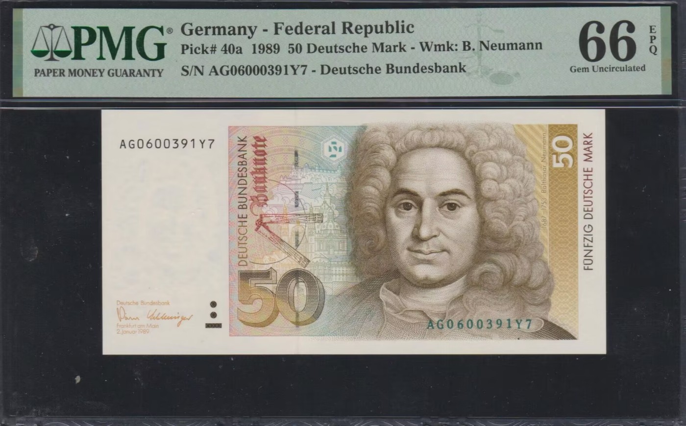 草稿银行第八期国内外钞票拍卖 德国1989年 50马克 号码全程无4 PMG 66