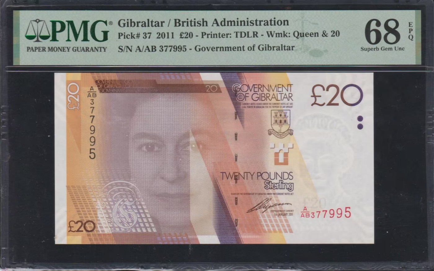 草稿银行第八期国内外钞票拍卖 直布罗陀 2011年 20镑  号码全程无4 PMG 68 亚军分 更高仅4张