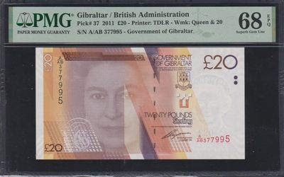 草稿银行第八期国内外钞票拍卖 - 直布罗陀 2011年 20镑  号码全程无4 PMG 68 亚军分 更高仅4张