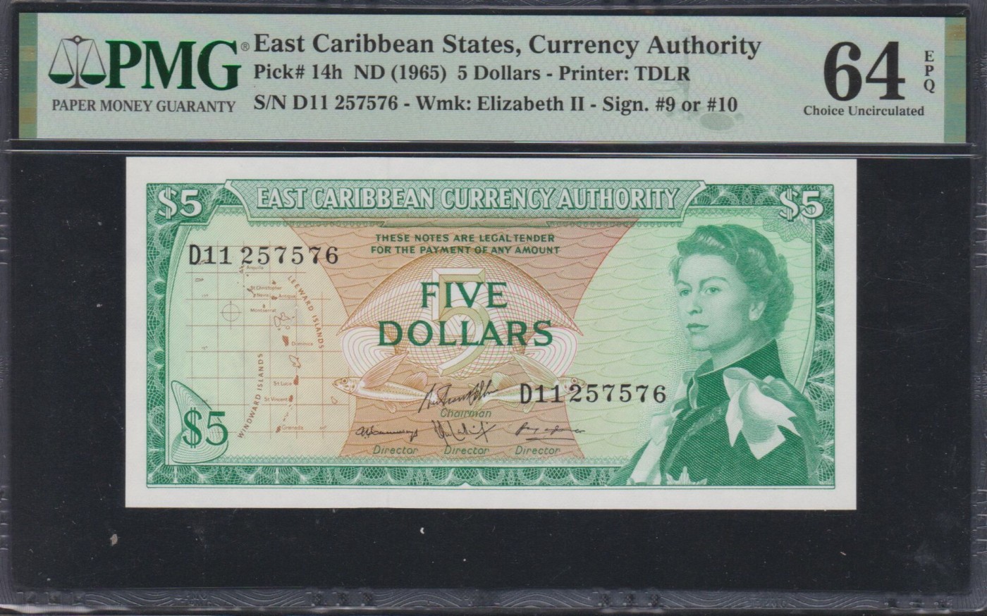 草稿银行第八期国内外钞票拍卖 东加勒比 1965年 5元 女王肖像 号码全程无4 PMG 64e