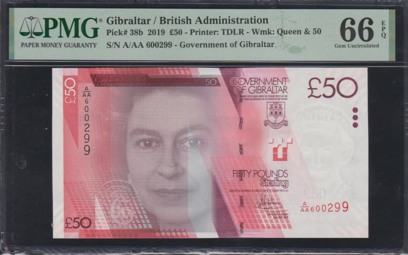 草稿银行第八期国内外钞票拍卖 直布罗陀 2019年 50镑 A/AA首发冠 号码全程无3457 PMG 66