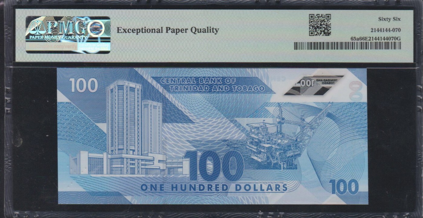 草稿银行第八期国内外钞票拍卖 特立尼达和多巴哥2019年版100元塑料钞 AA首发冠  号码全程无4 PMG 66