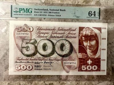 【Blue Auction】✨世界纸币精拍第349期——查理五世【精】 - 瑞士 1974年500法郎 PMG64EPQ 经典青春泉 超大票幅 精美