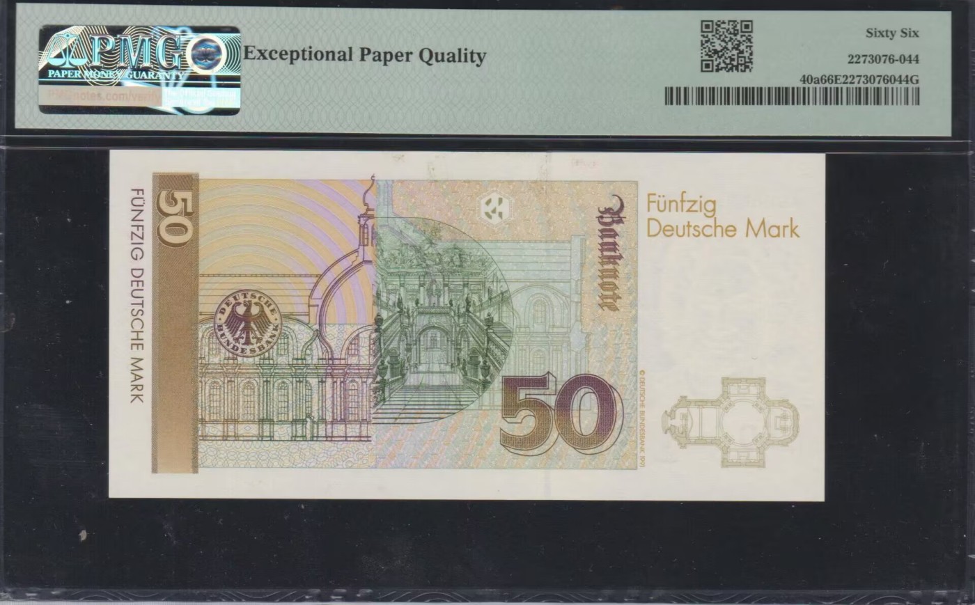 草稿银行第八期国内外钞票拍卖 德国1989年 50马克 号码全程无4 PMG 66