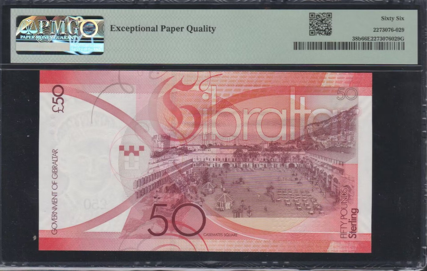 草稿银行第八期国内外钞票拍卖 直布罗陀 2019年 50镑 A/AA首发冠 号码全程无3457 PMG 66