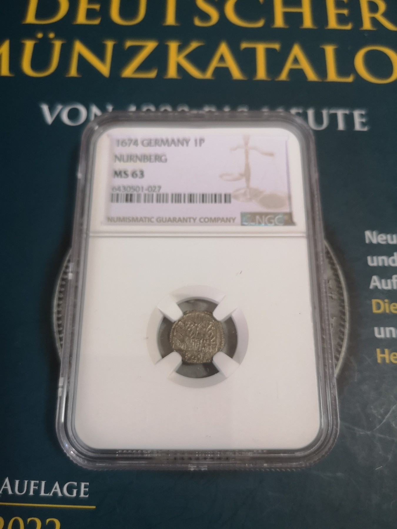长老汇第22场精品币拍卖 1674德国纽伦堡1芬尼银币，单面，NGC MS63，克书XF40标价100美金，稀见！