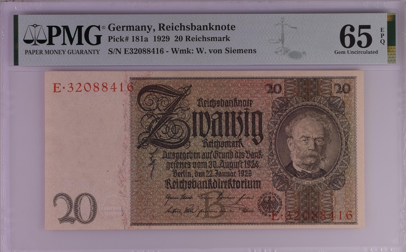 收藏联盟Quantum Auction 第276期拍卖  德国1929年20马克 PMG65 德国企业家 西门子公司创始人 维尔纳.西门子