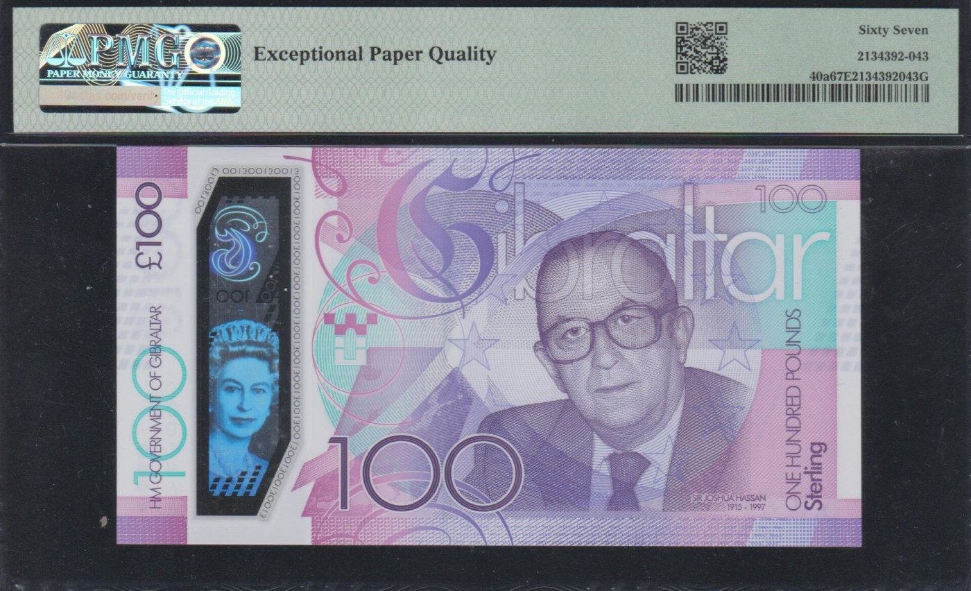 草稿银行第八期国内外钞票拍卖 直布罗陀 2017年 100镑 纪念钞 号码全程无3457 倒置号 PMG 67