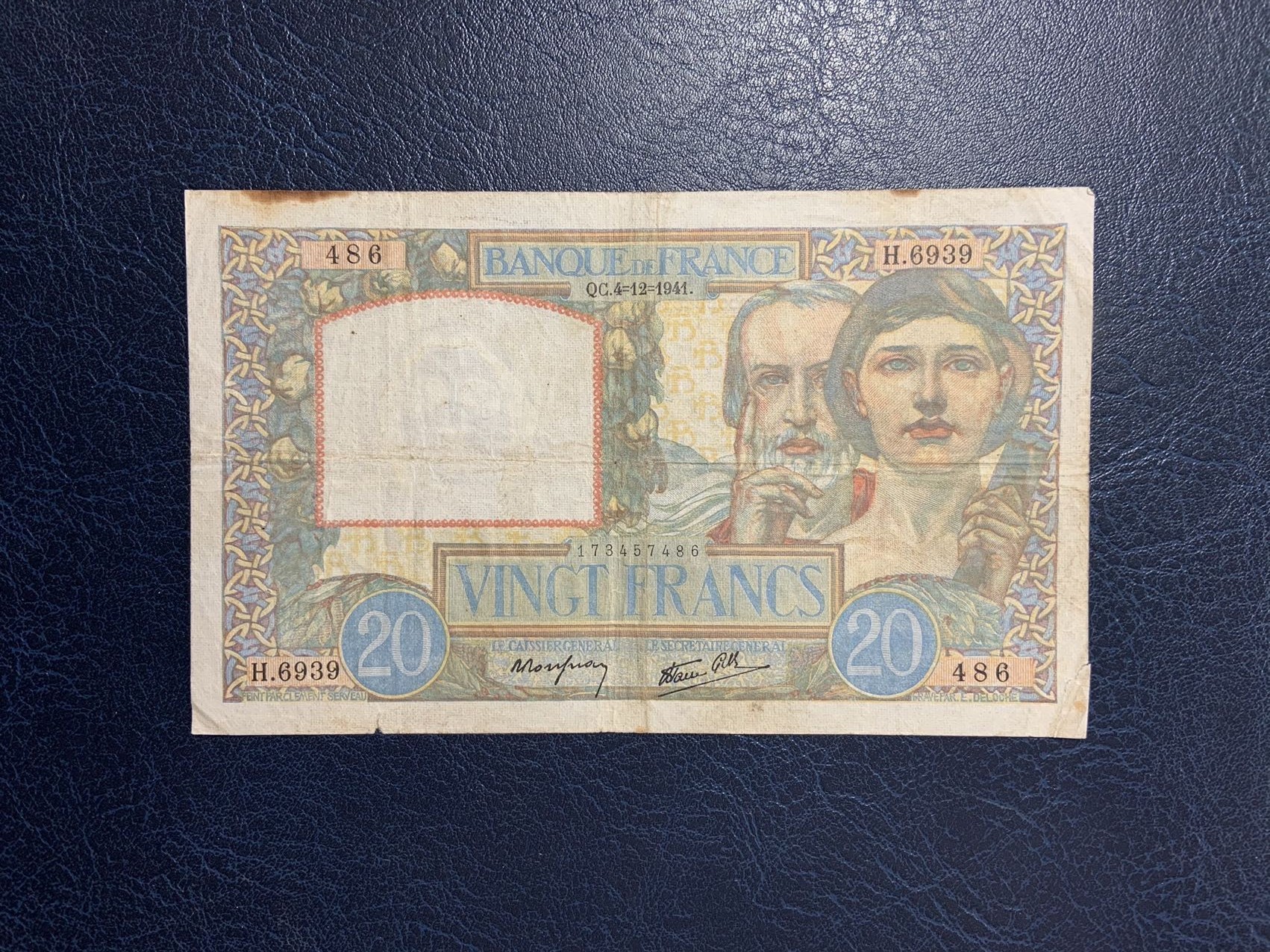 收藏联盟Quantum Auction 第276期拍卖  法国1941年20法郎 品相如图 稀少 科学家