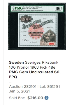 【Blue Auction】✨世界纸币精拍第347期——周日畅拍场【精】 【无47 老壳子】瑞典 1963年100克朗 PMG66EPQ 大方块 非常漂亮 
