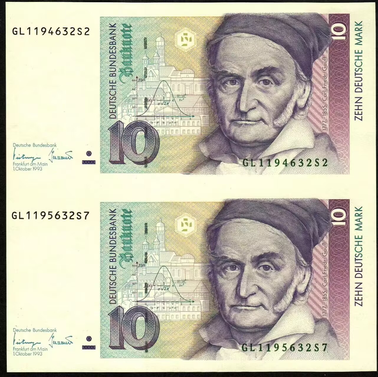 草稿银行第八期国内外钞票拍卖 德国1993年10马克 连体钞 2连体 高斯 全新品相 无黄无折无斑 