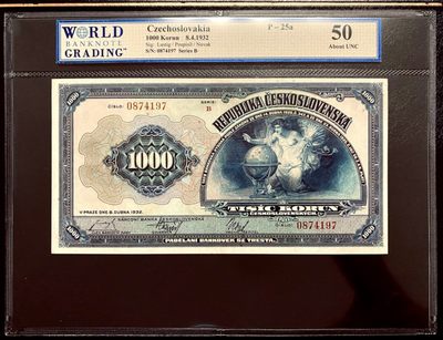 【Blue Auction】✨世界纸币精拍第349期——查理五世【精】 -  【实钞大名誉品高分少见】捷斯 1932年1000克朗 p25a 经典大天使 WBG严评50 状态佳 该品种没有全新的评级记录 雕刻精美 超大票幅
