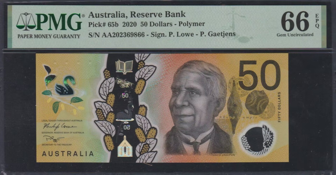 草稿银行第八期国内外钞票拍卖 澳大利亚 2020年 50澳元 AA首发冠 号码全程无47 PMG 66