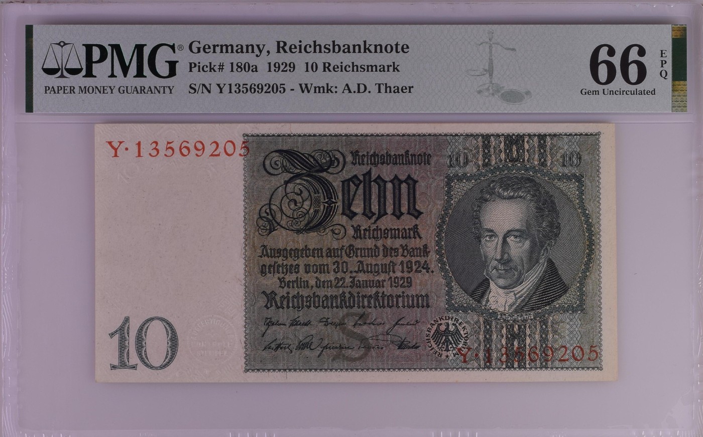 收藏联盟Quantum Auction 第276期拍卖  德国1929年10马克 PMG66 号码无4