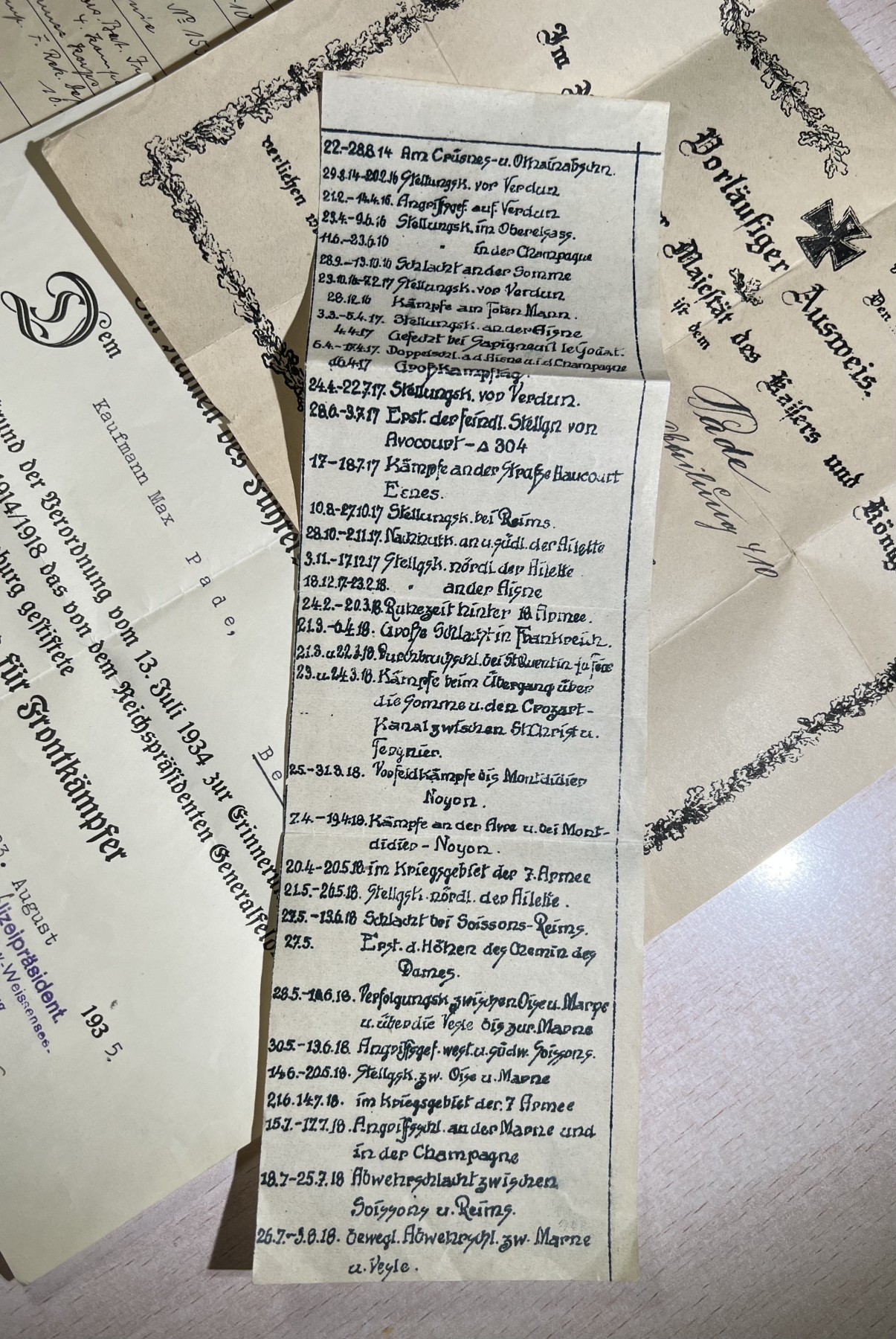 大猫徽章拍卖第229期 帝德套证包含原主的二铁证书、兴登堡证书和申请文件、和作战履历条。原主参与了索姆河、凡尔登、304高地、蒙迪迪埃、苏瓦松等地区的作战。