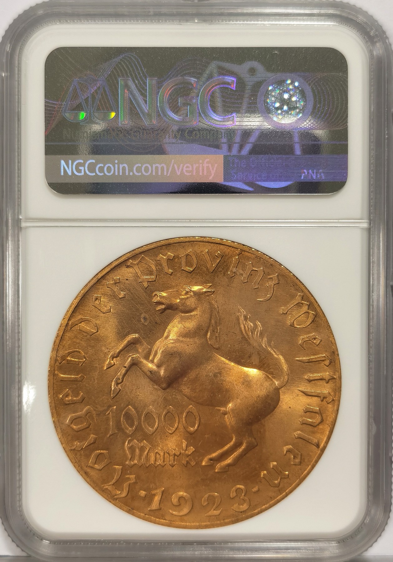 博洋堂世界钱币拍卖第036期（全场包邮） NGC MS63 1923年德国德紧威斯特法伦10000马克大马币