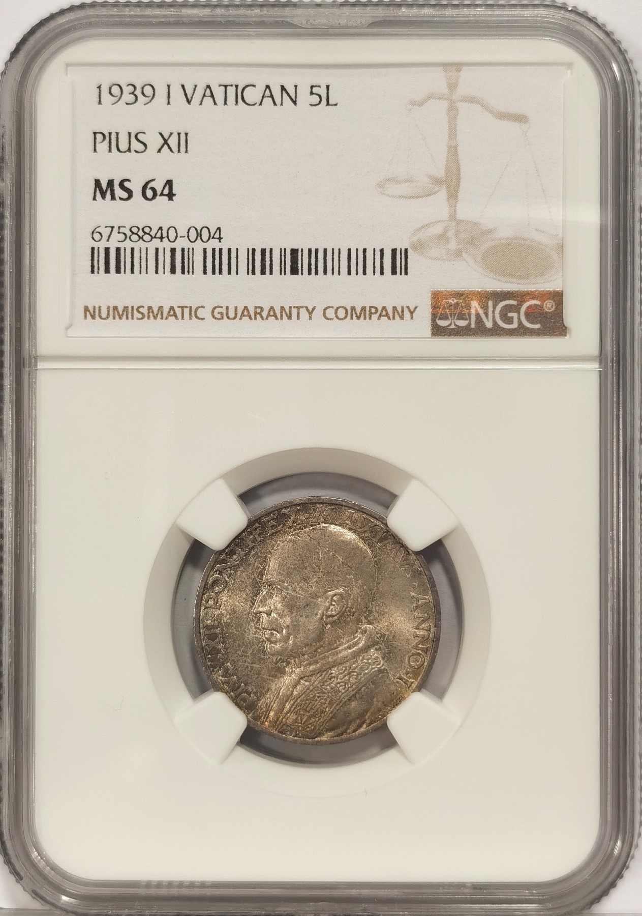 博洋堂世界钱币拍卖第036期（全场包邮） NGC MS64 梵蒂冈1939年5里拉银币，庇护十二世，原味带彩