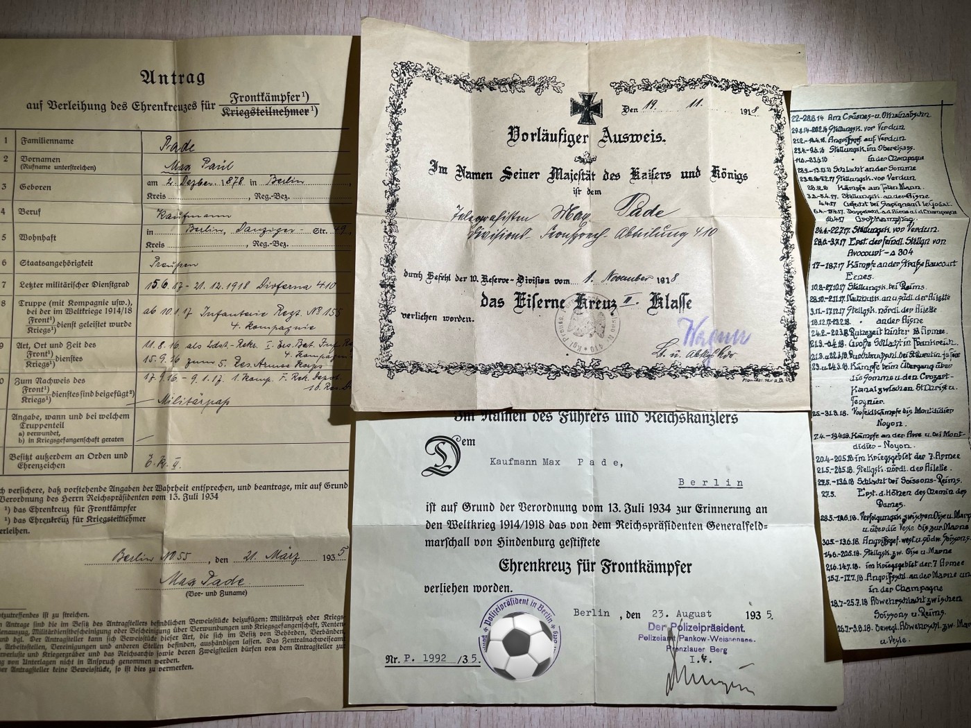 大猫徽章拍卖第229期 帝德套证包含原主的二铁证书、兴登堡证书和申请文件、和作战履历条。原主参与了索姆河、凡尔登、304高地、蒙迪迪埃、苏瓦松等地区的作战。