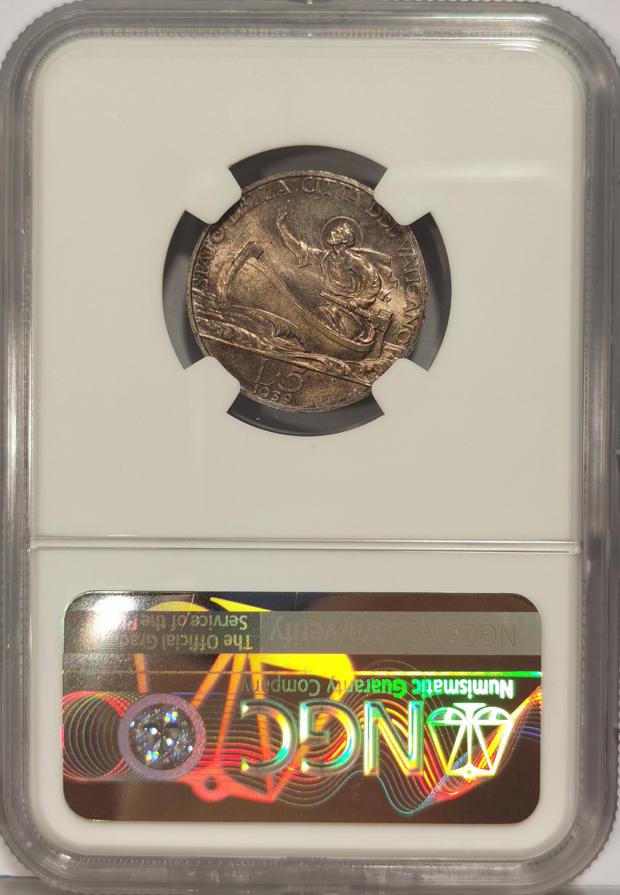 博洋堂世界钱币拍卖第036期（全场包邮） NGC MS64 梵蒂冈1939年5里拉银币，庇护十二世，原味带彩