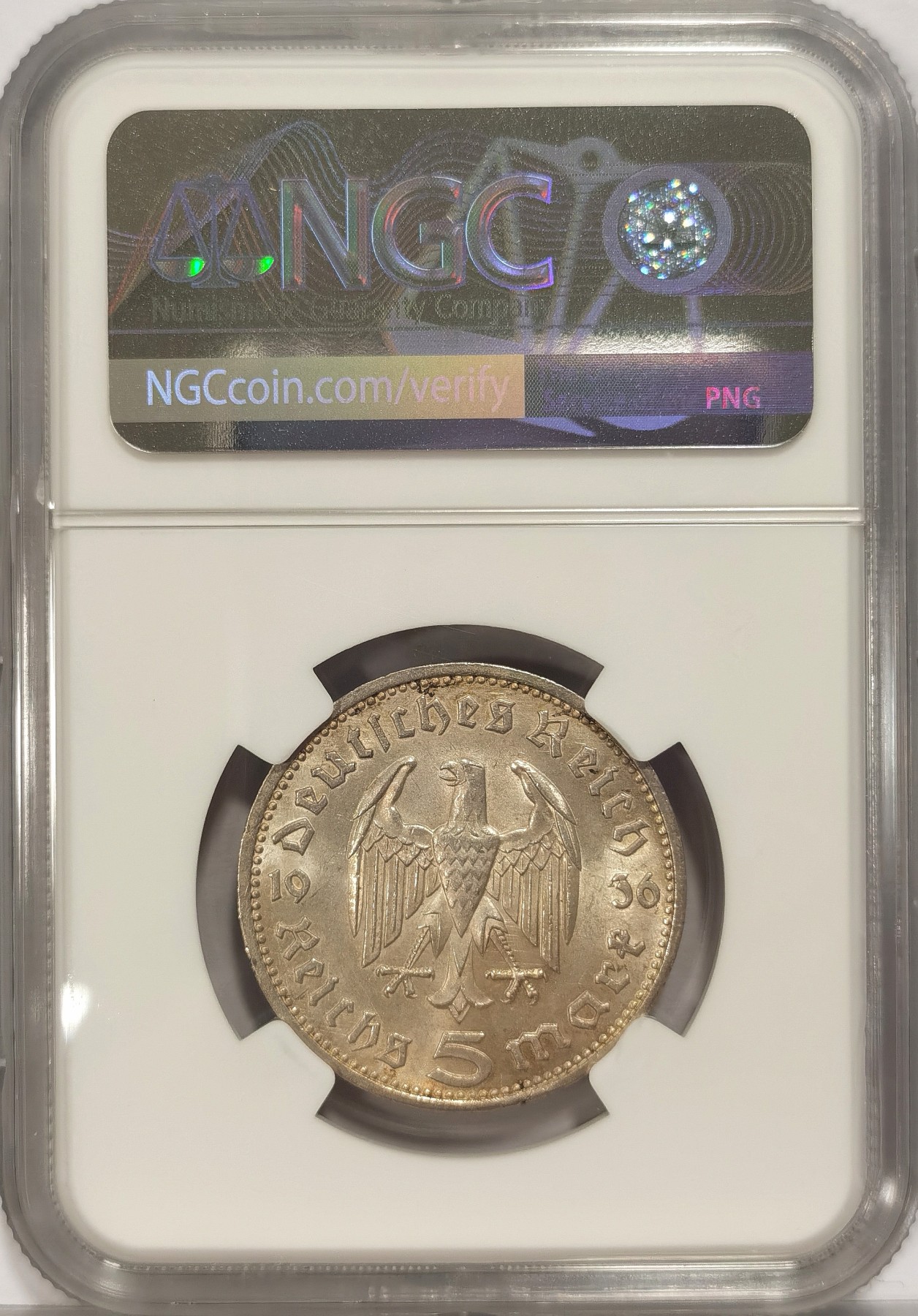 博洋堂世界钱币拍卖第036期（全场包邮） NGC MS63 1936年E版德国第三帝国兴登堡5马克银币