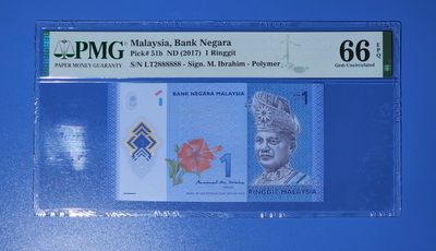 港、澳、台、中外钞、流水签、机签、箱包单、靓号专场第19期 - 马来西亚2017年1林吉特 LT2888888 PMG66分靓号一张/如图