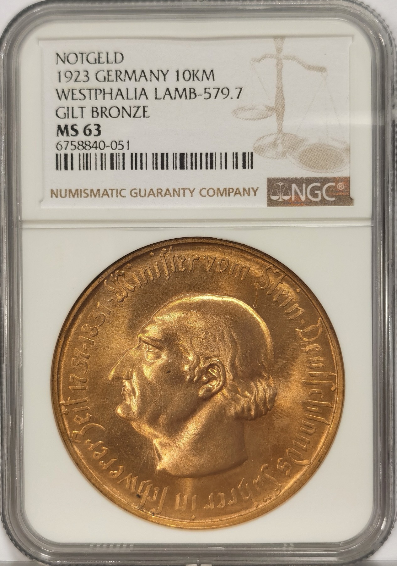 博洋堂世界钱币拍卖第036期（全场包邮） NGC MS63 1923年德国德紧威斯特法伦10000马克大马币