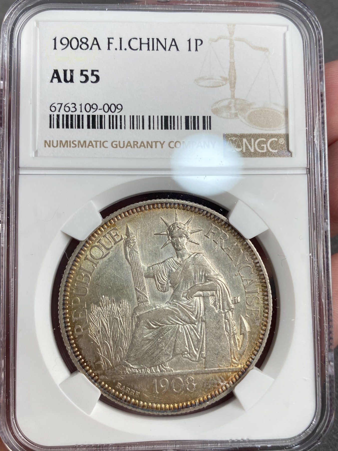 万国钱币拍卖第013期（视频直播专场） NGC AU55 1908年法属印支1皮阿斯特大银币 环金彩