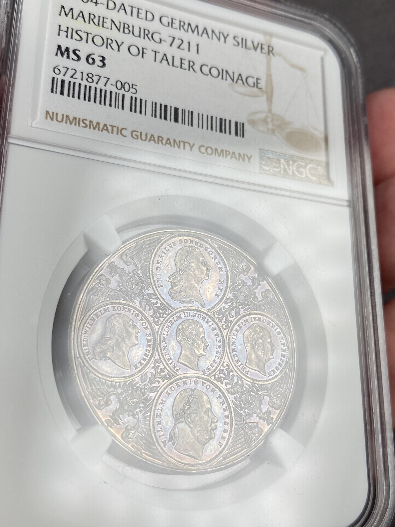 万国钱币拍卖第013期（视频直播专场） NGC MS63 1904年德国普鲁士五皇五彩纪念泰勒发型纪念银章 与联合泰勒同大小