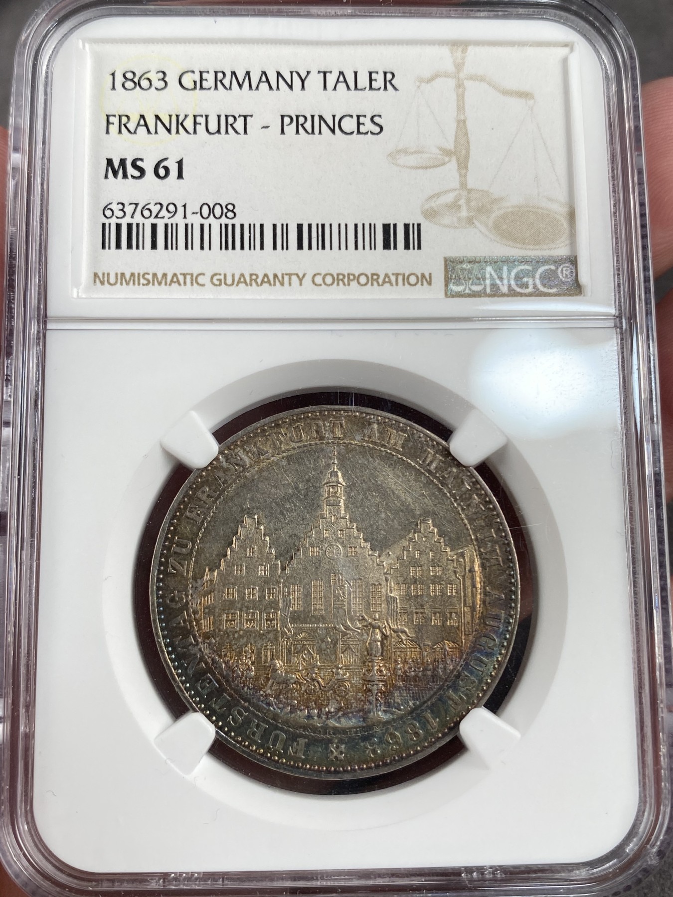 万国钱币拍卖第013期（视频直播专场） NGC MS61 1863年德国法兰克福幻彩王子会议经典1泰勒 实话低评1分