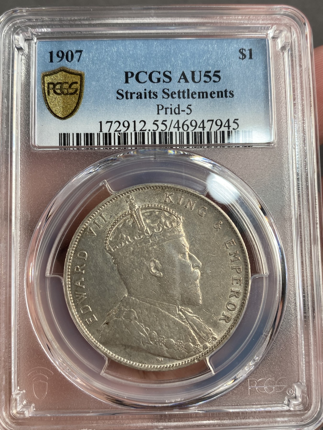 万国钱币拍卖第013期（视频直播专场） PCGS AU55 1907年英属海峡殖民地爱德华七世1元 