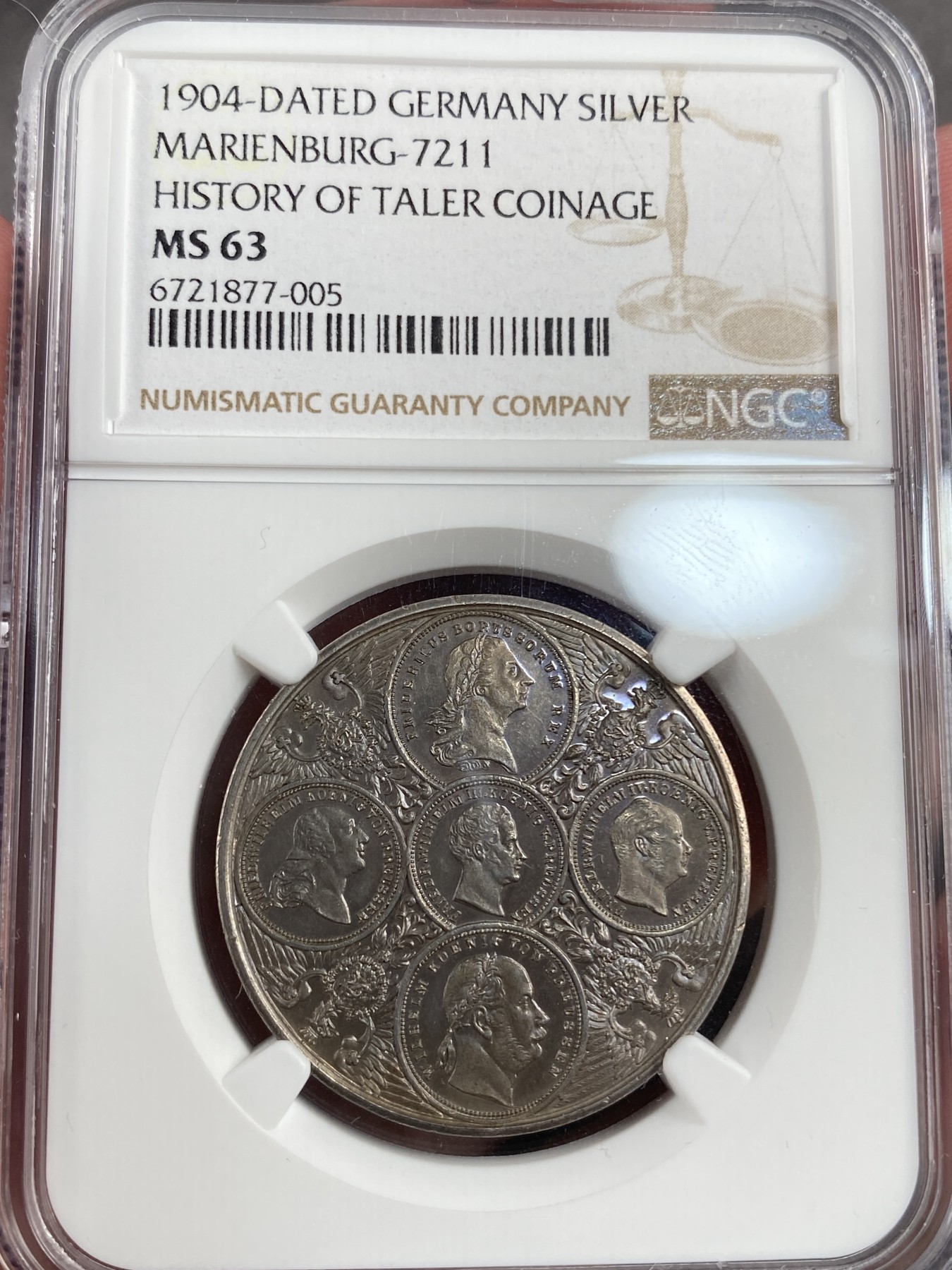 万国钱币拍卖第013期（视频直播专场） NGC MS63 1904年德国普鲁士五皇五彩纪念泰勒发型纪念银章 与联合泰勒同大小