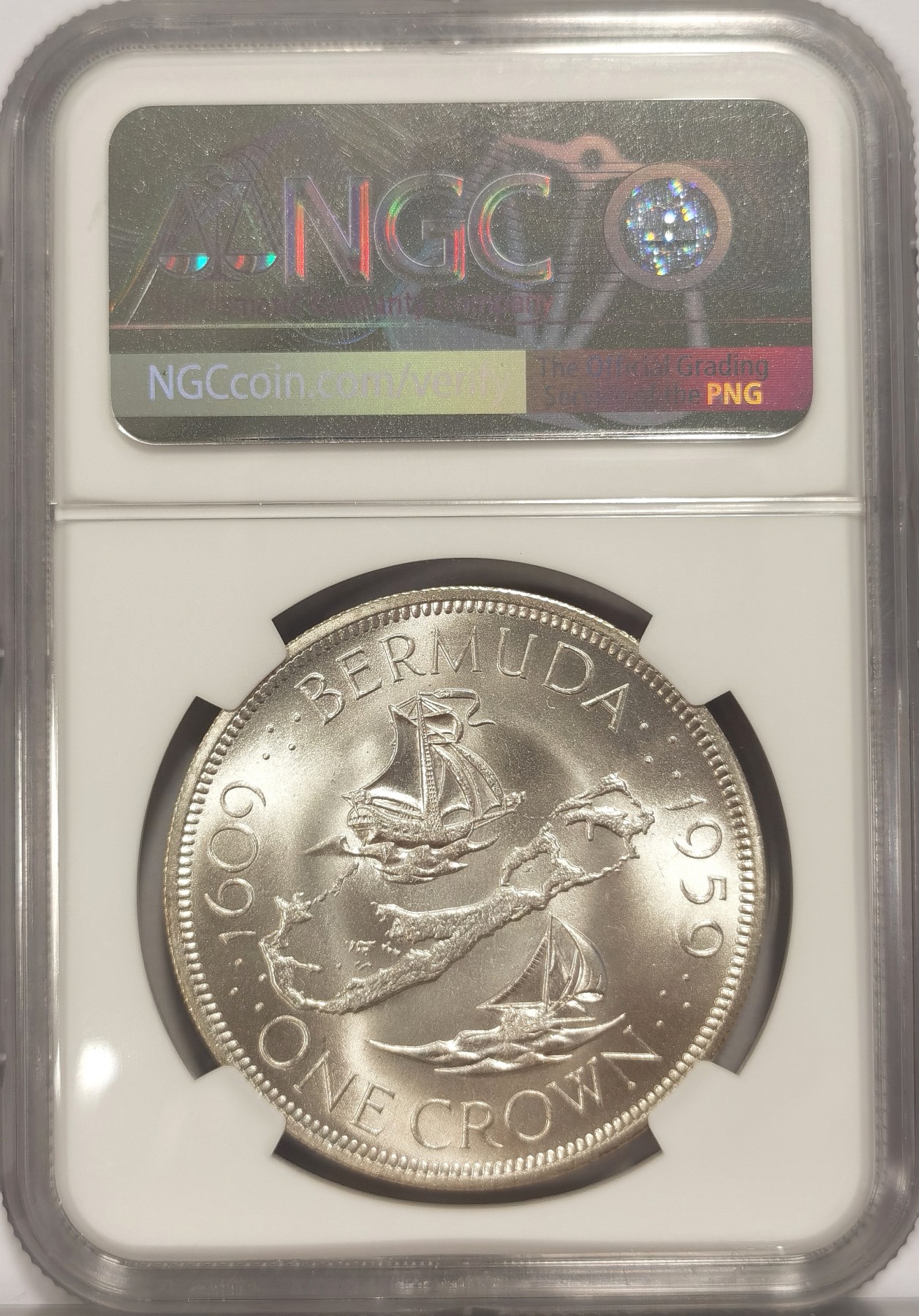 博洋堂世界钱币拍卖第036期（全场包邮） NGC MS67 英属百慕大1959年伊丽莎白二世1克朗银币 收藏级高分好品 满银光