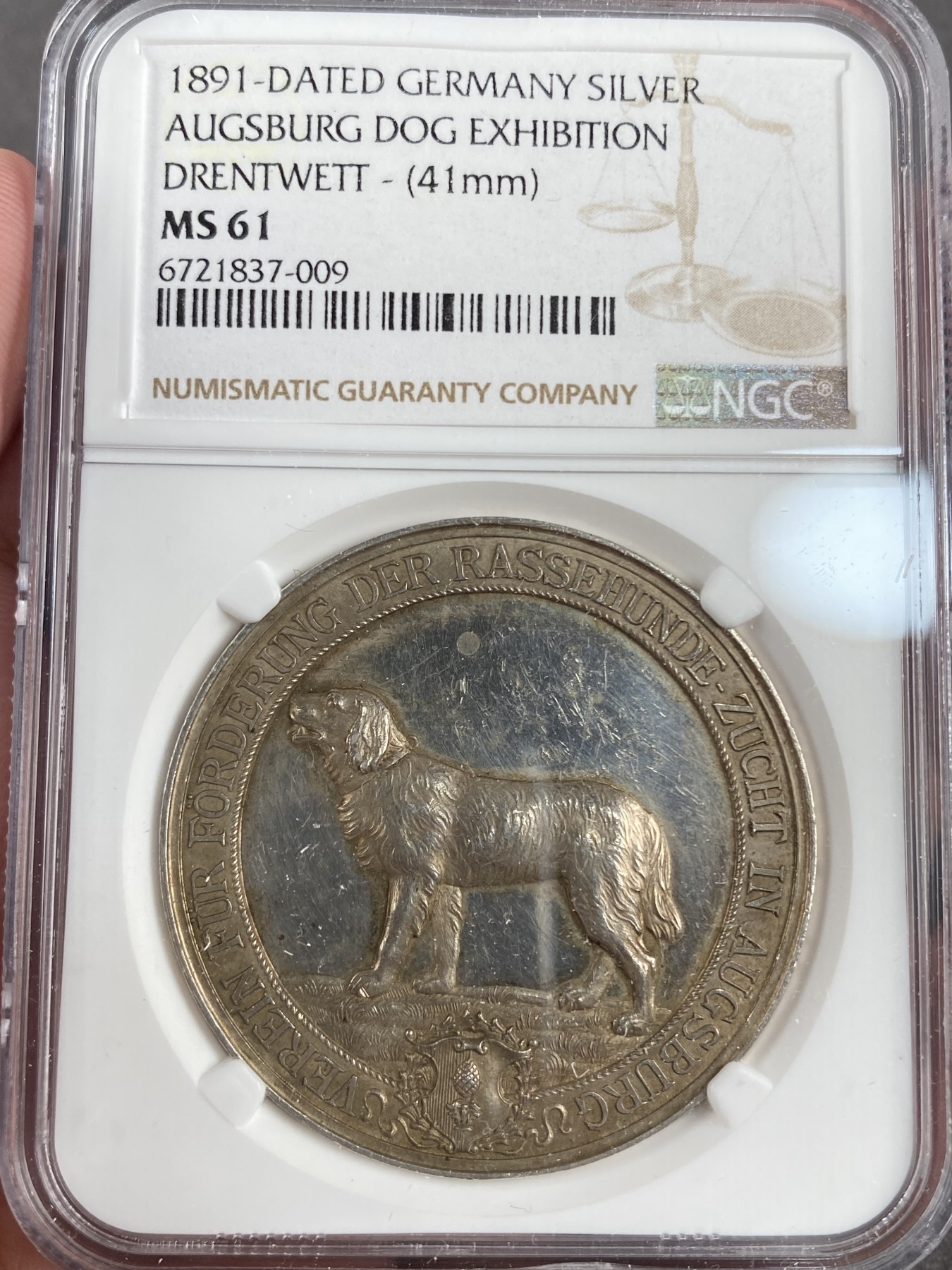 万国钱币拍卖第013期（视频直播专场） NGC MS61 1891年德国奥格斯堡优质犬类博览会纪念大银章 41MM 25G