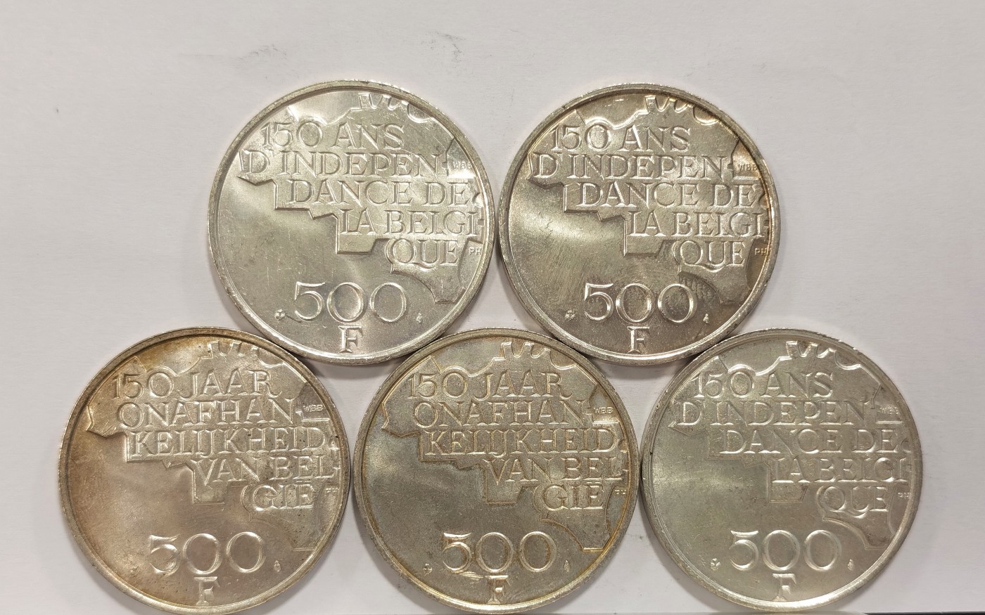 博洋堂世界钱币拍卖第036期（全场包邮） 比利时1980年建国150周年500法郎纪念币5枚一组，全部老卷拆BU品相，光度强烈细节一流