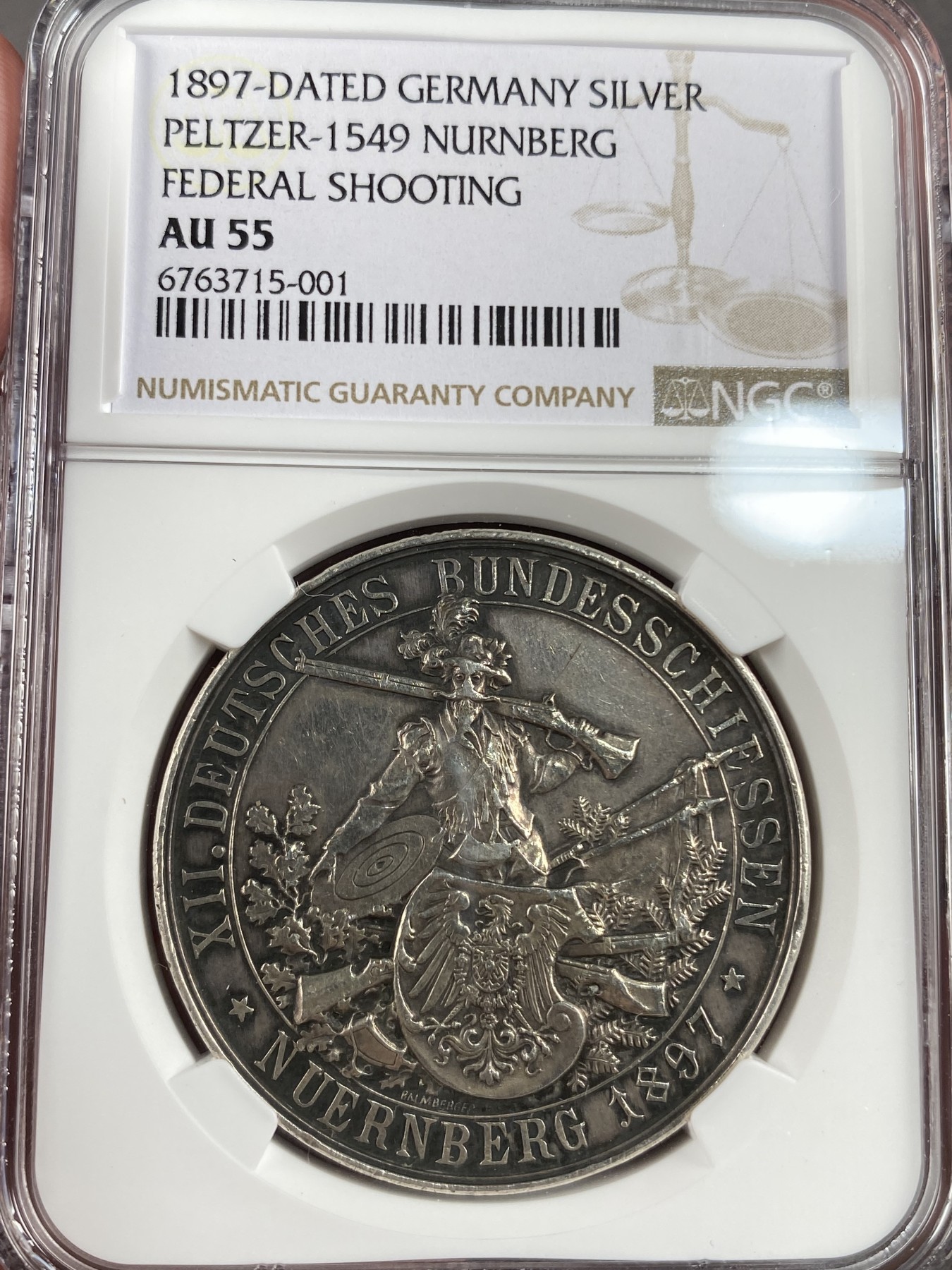 万国钱币拍卖第013期（视频直播专场） NGC AU55 1897年德国纽伦堡经典射击节大银章 