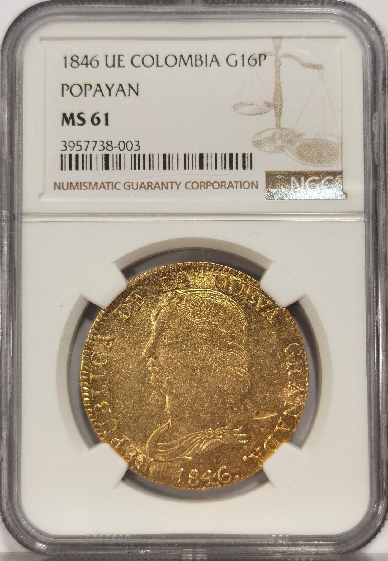 博洋堂世界钱币拍卖第036期（全场包邮） NGC MS61 1846年哥伦比亚16比索金币 27克大金币，南美大金MS是一道坎，同年同版62分HA曾拍过5000多刀