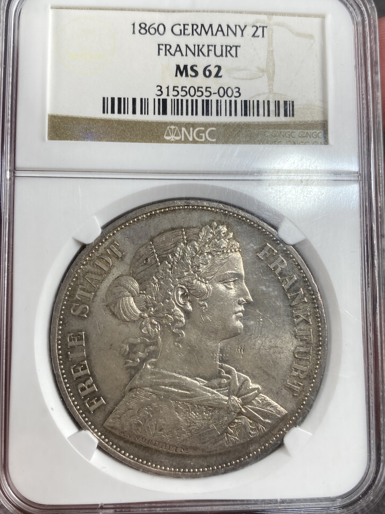万国钱币拍卖第013期（视频直播专场） NGC MS62 1860年德国法兰克福少女2泰勒 欧洲原味