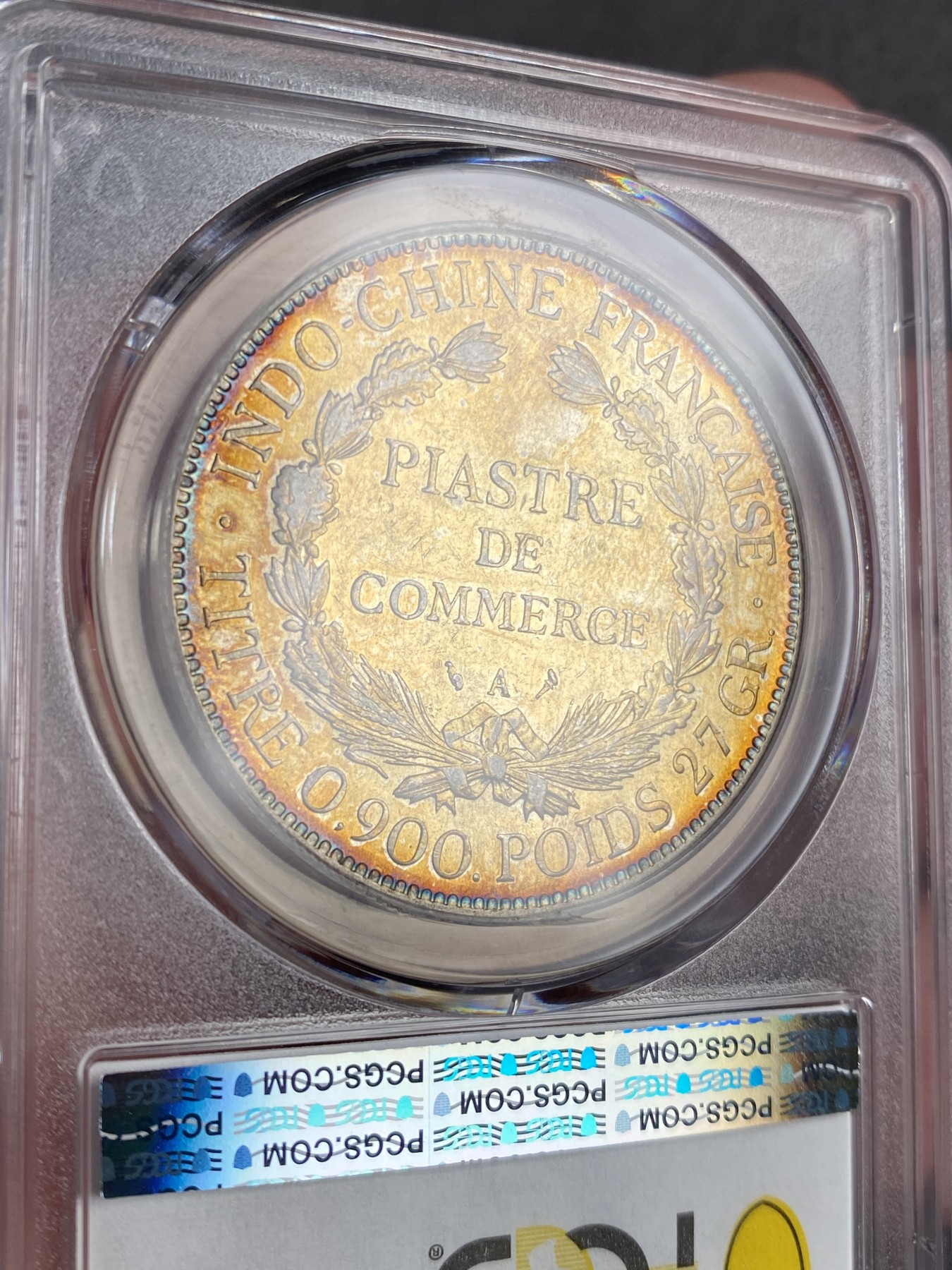万国钱币拍卖第013期（视频直播专场） PCGS AU55 1907年全金彩法属印支1皮阿斯特大银币