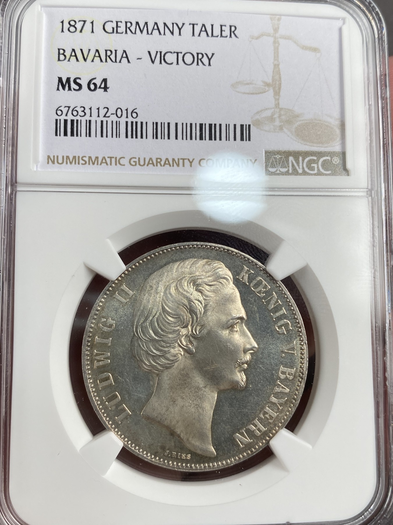 万国钱币拍卖第013期（视频直播专场） NGC MS64 1871年德国巴伐利亚路德维希二世胜利泰勒 转光+凝霜感很强